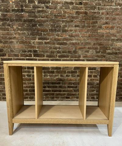 White oak console with three open bays