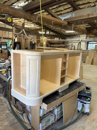 Kitchen island under construction on the shop floor